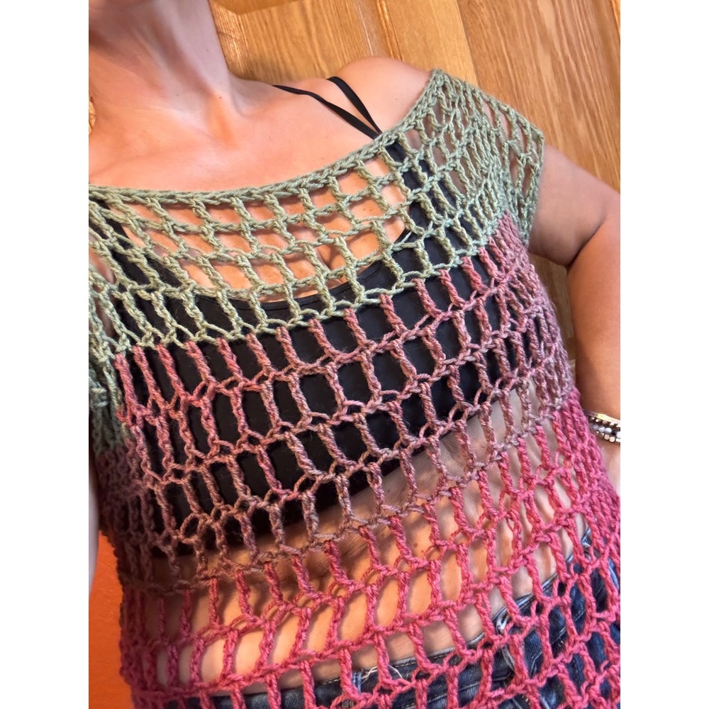 Handmade Crochet Fishnet Top XL Colorblock Mesh Festival Boho Cap Sleeve Layer